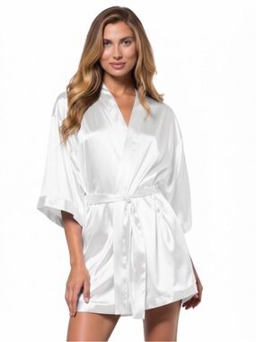 White Satin Short Kimono Robe with Belt